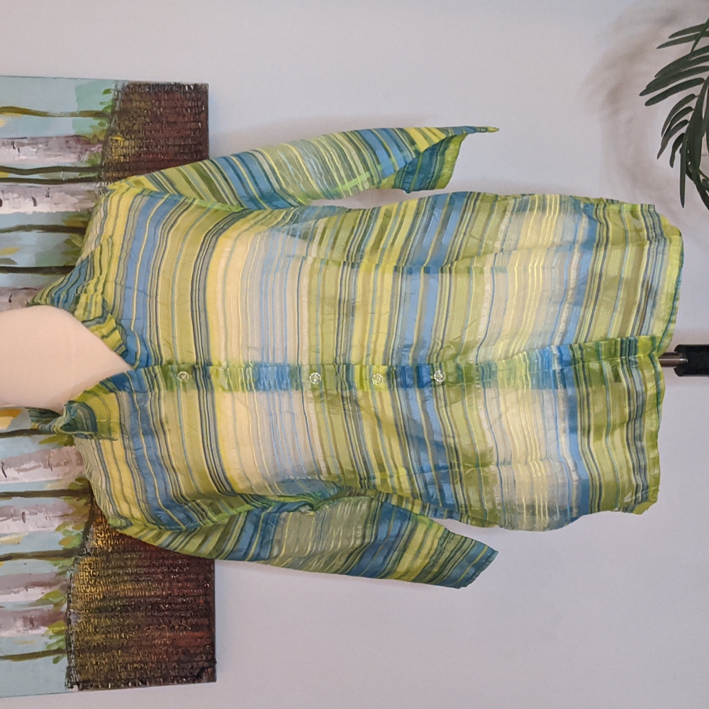 TanJay Sz 16 Oversized Sheer Green & Blue Striped Blouse